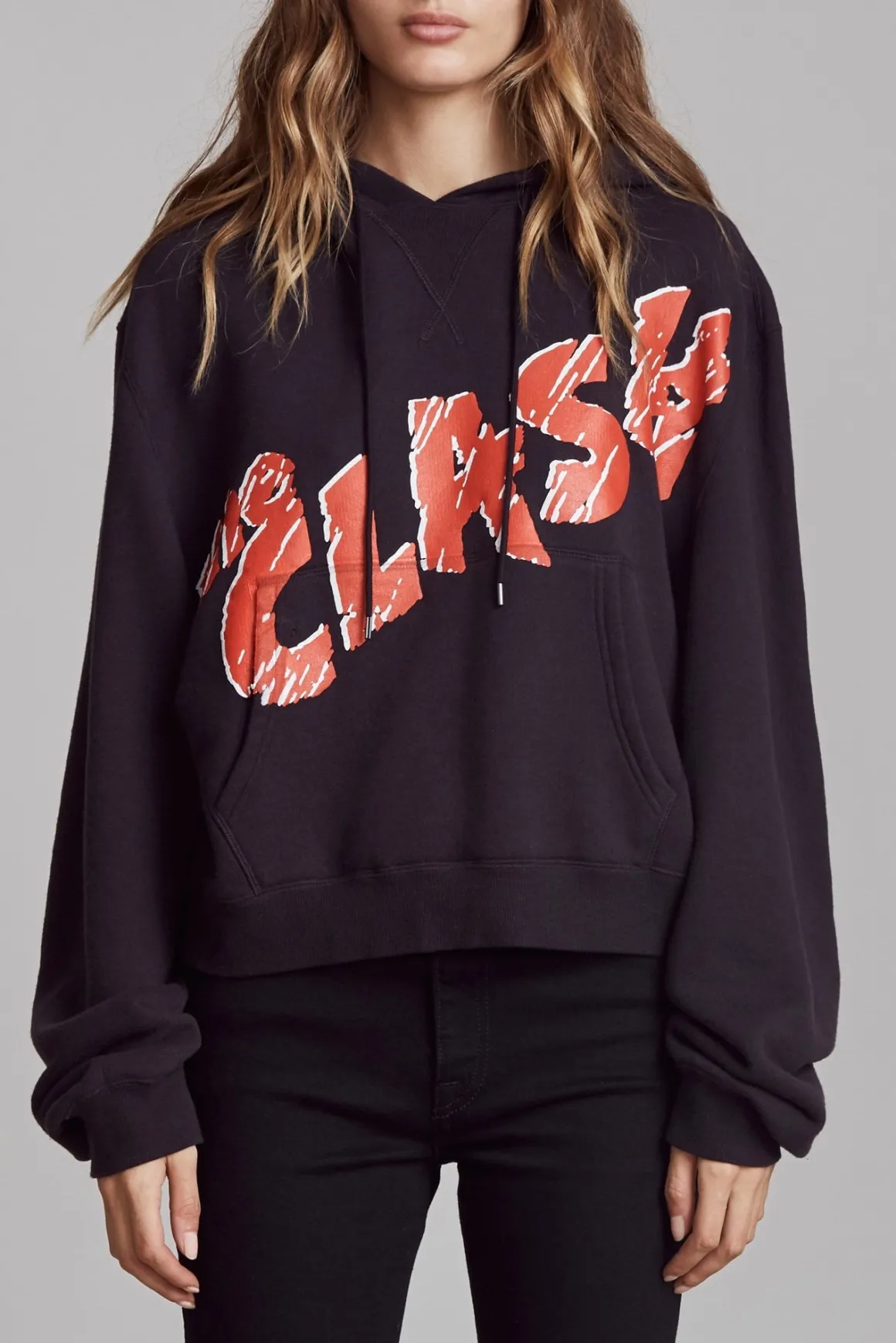 Women R13 Tops*CLASH CROPPED HOODIE - WASHED BLACK