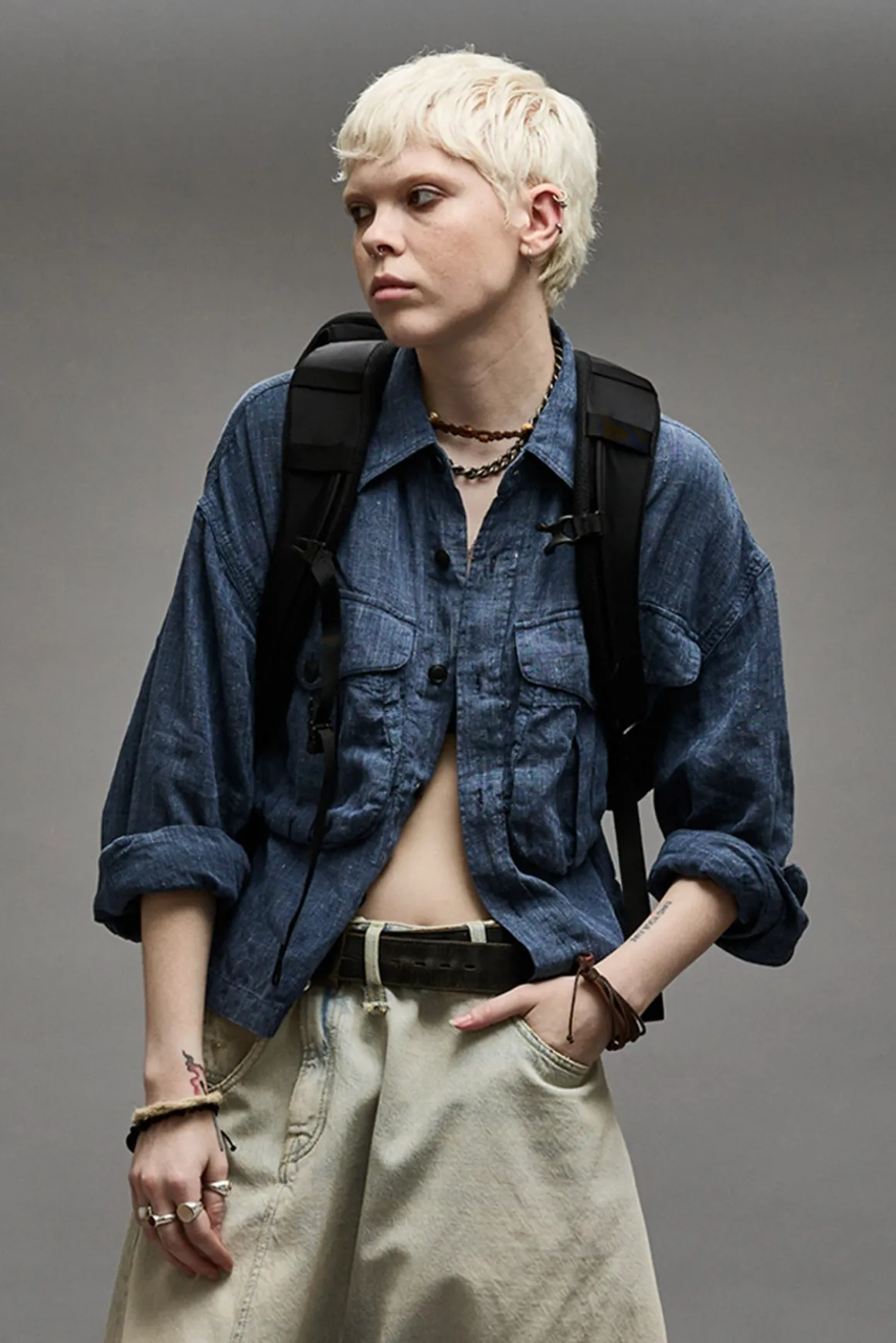 Women R13 Tops*CROPPED BELLOW POCKET SHIRT - INDIGO BLUE