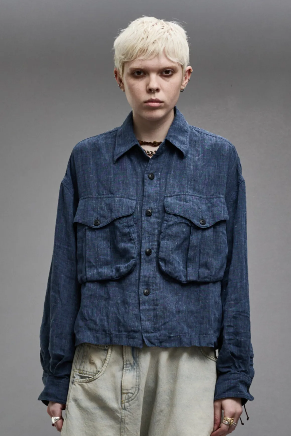 Women R13 Tops*CROPPED BELLOW POCKET SHIRT - INDIGO BLUE