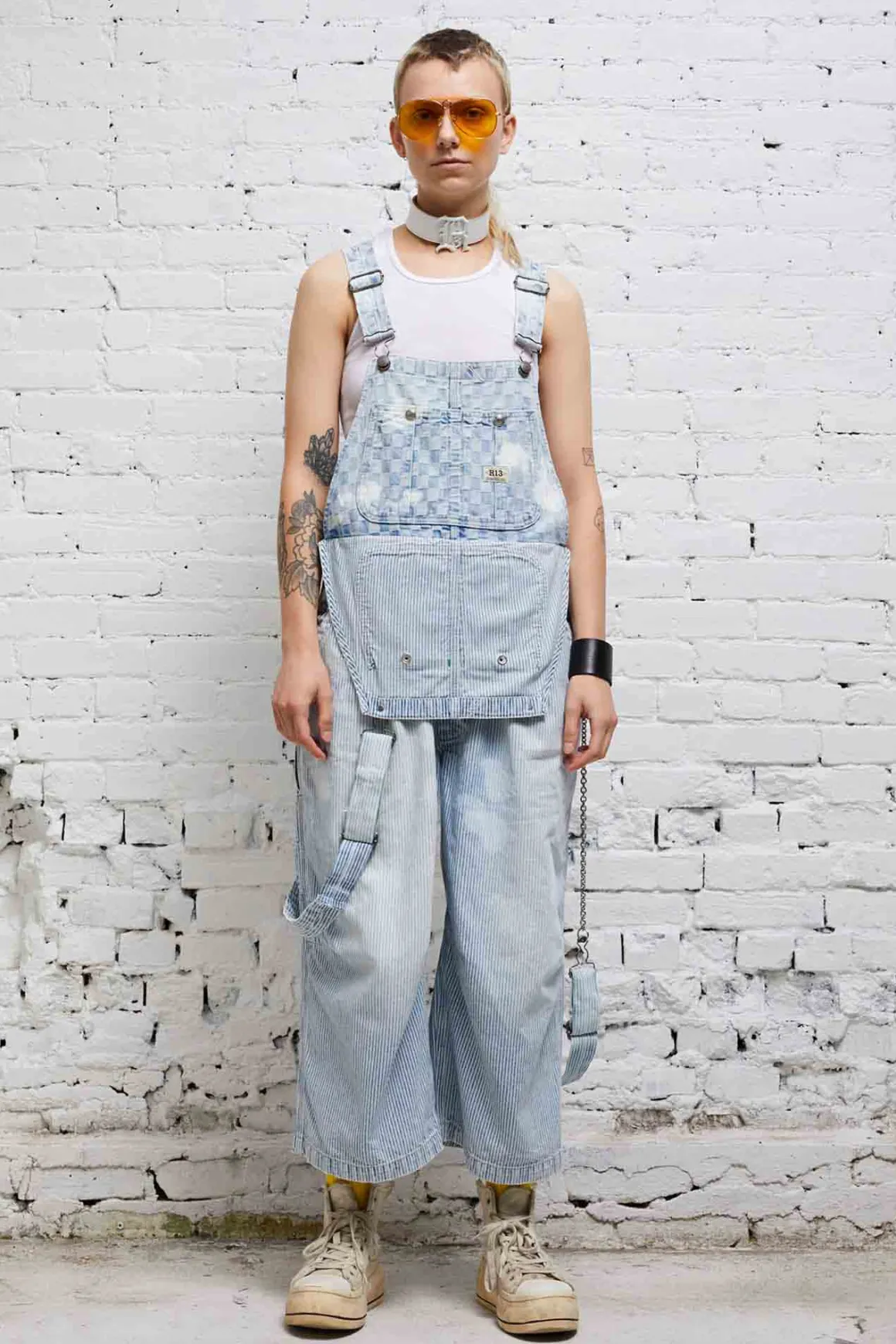 Women R13 Wide Leg*CROPPED DOUBLE BIB OVERALL - HICKORY CHECKERBOARD