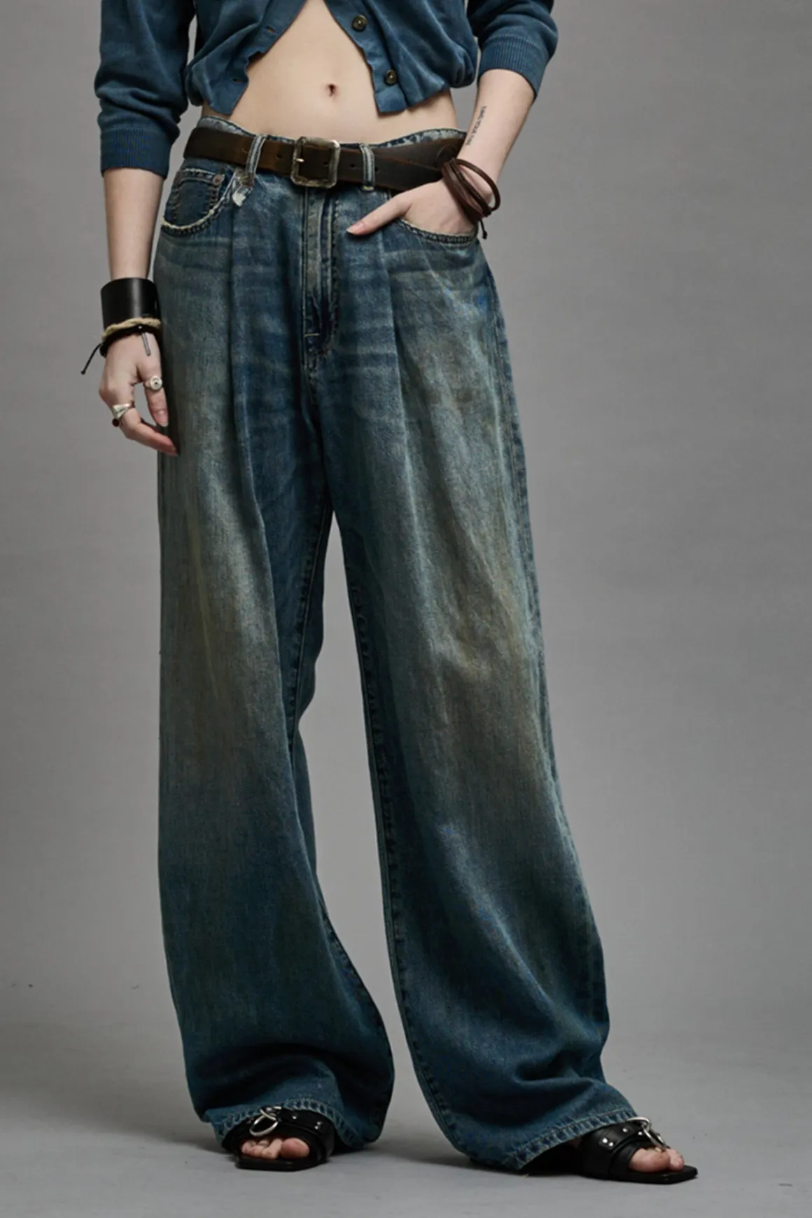 Women R13 Wide Leg*DAMON PLEATED WIDE LEG - WEBER LINEN INDIGO