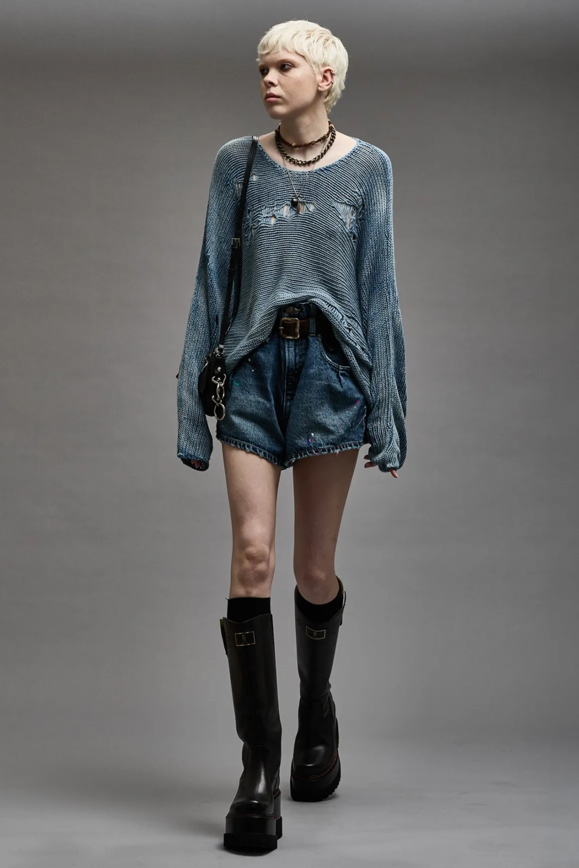 Women R13 Sweaters*DISTRESSED BOYFRIEND CREWNECK - LIGHT INDIGO