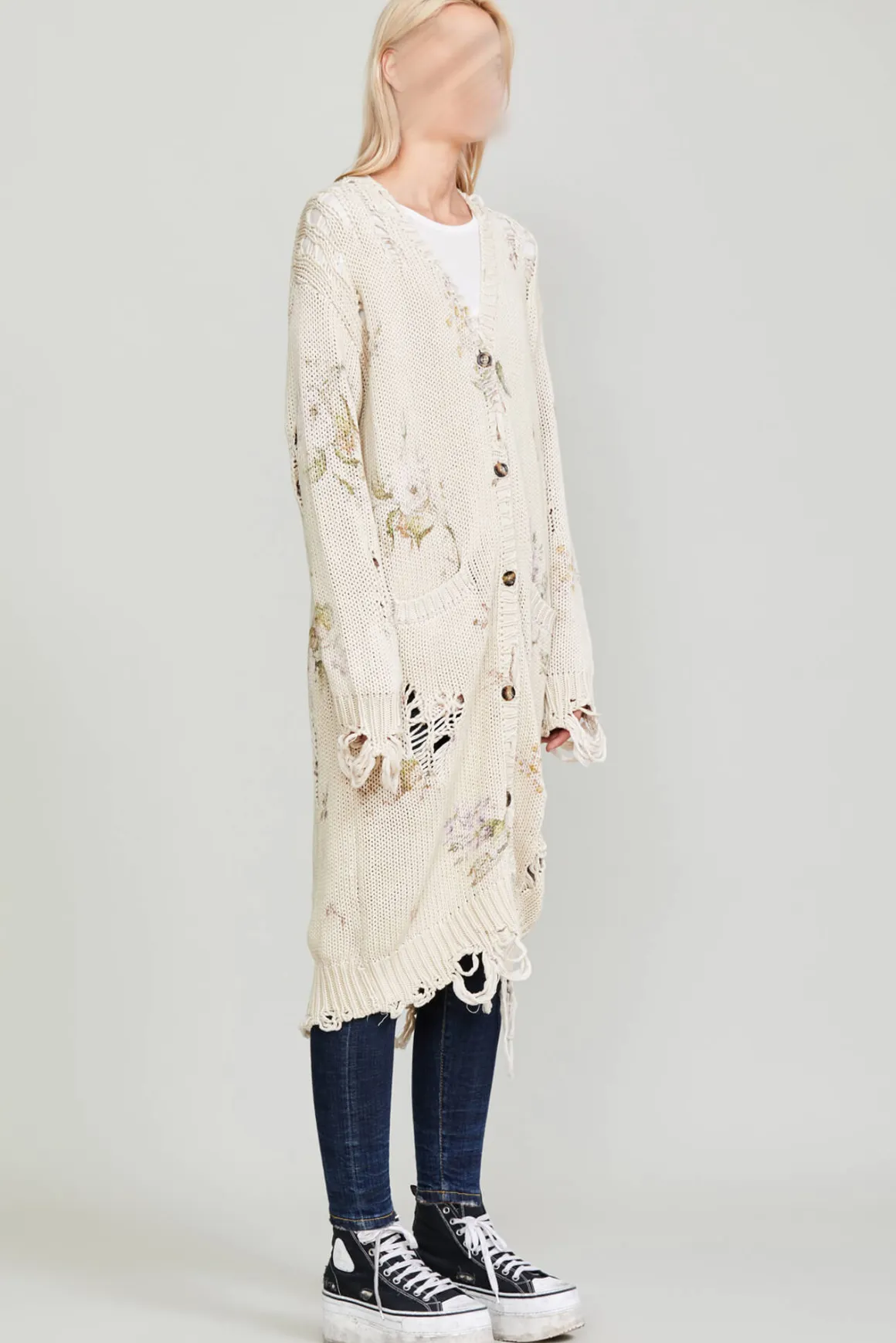 Women R13 Sweaters*DISTRESSED LONG CARDIGAN - FLORAL ON KHAKI