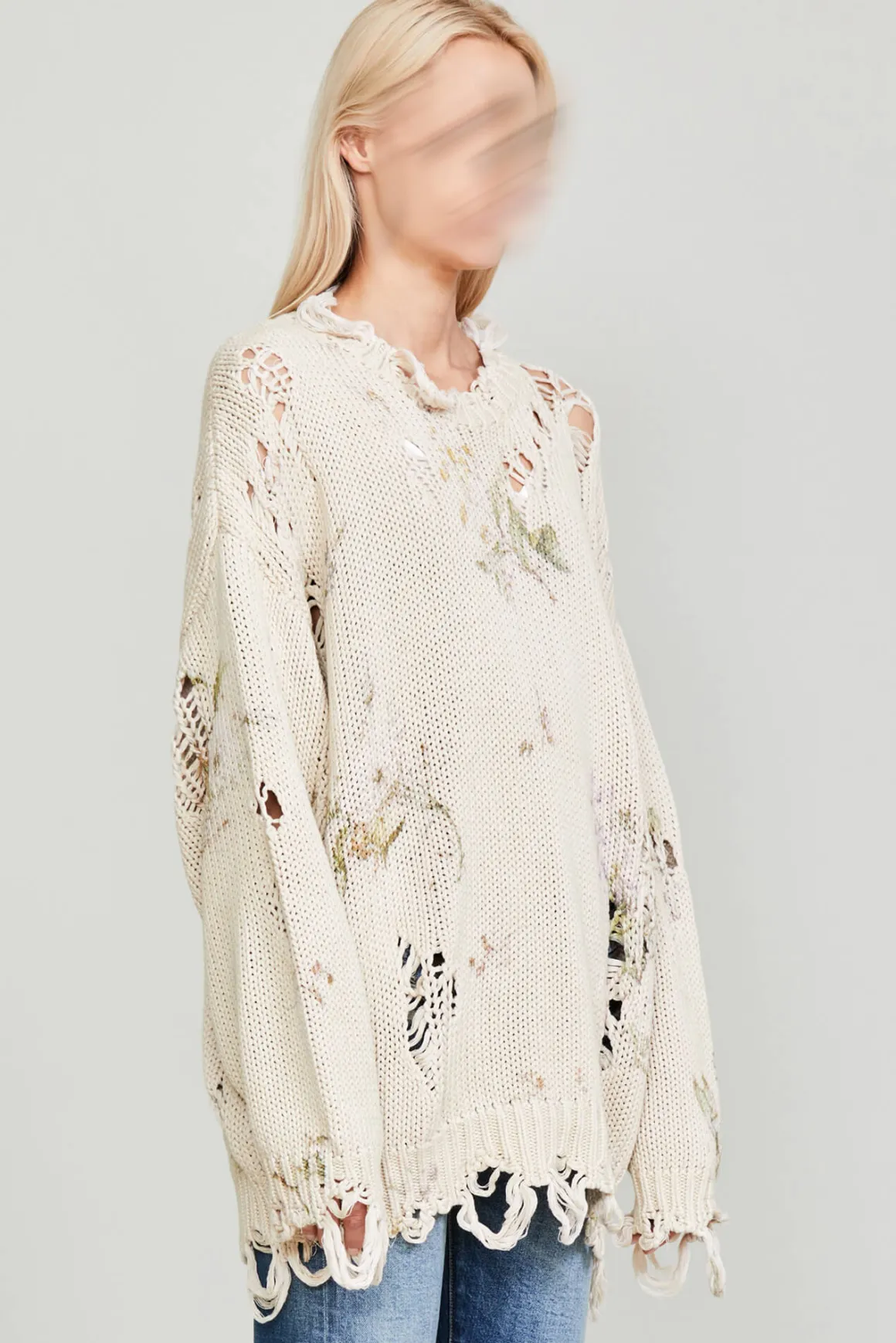 Women R13 Sweaters*DISTRESSED OVERSIZED SWEATER - FLORAL ON KHAKI