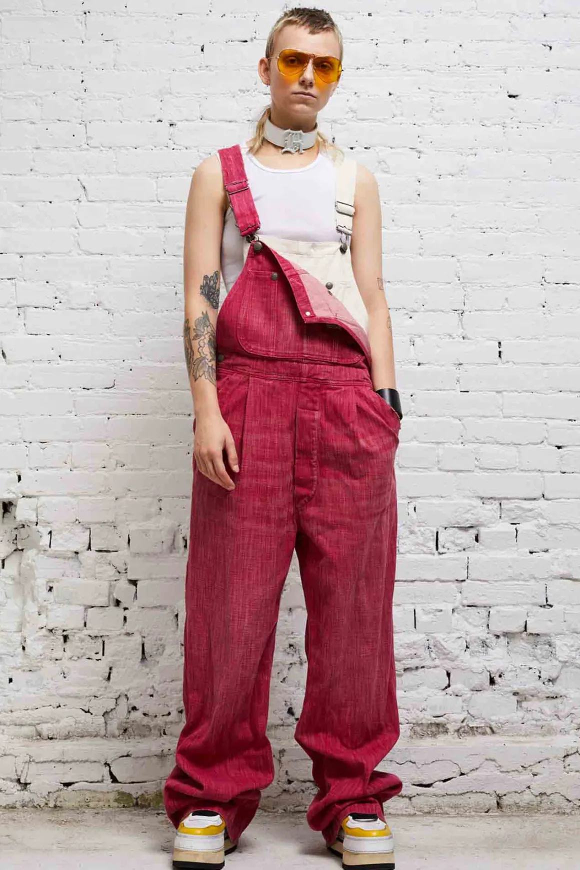 Women R13 Wide Leg*DOUBLE BIB DAMON OVERALL - VINTAGE PINK