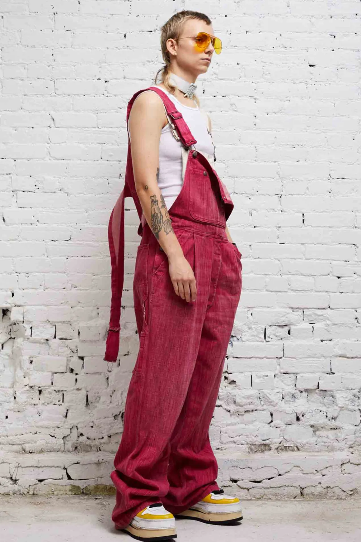 Women R13 Wide Leg*DOUBLE BIB DAMON OVERALL - VINTAGE PINK