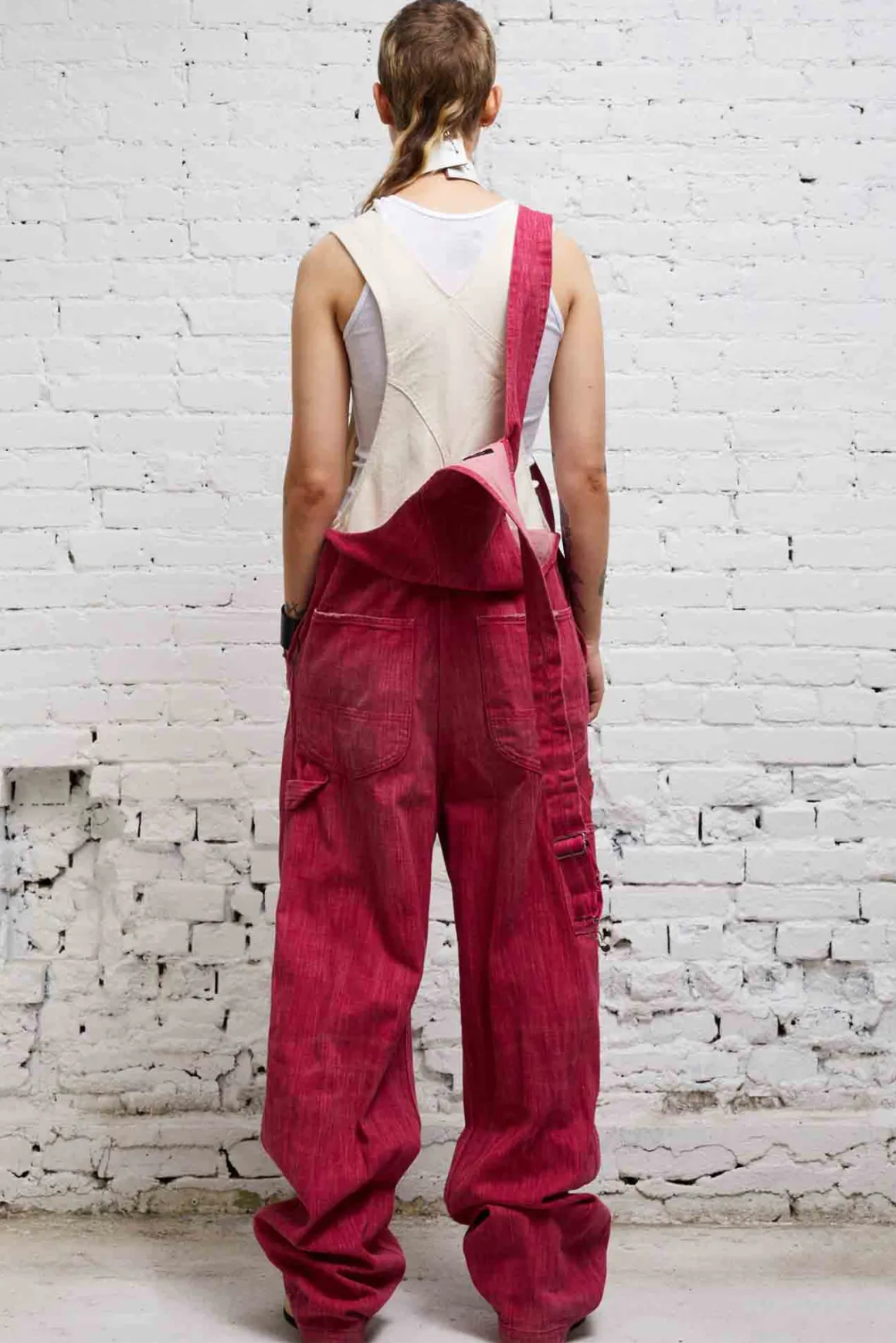 Women R13 Wide Leg*DOUBLE BIB DAMON OVERALL - VINTAGE PINK