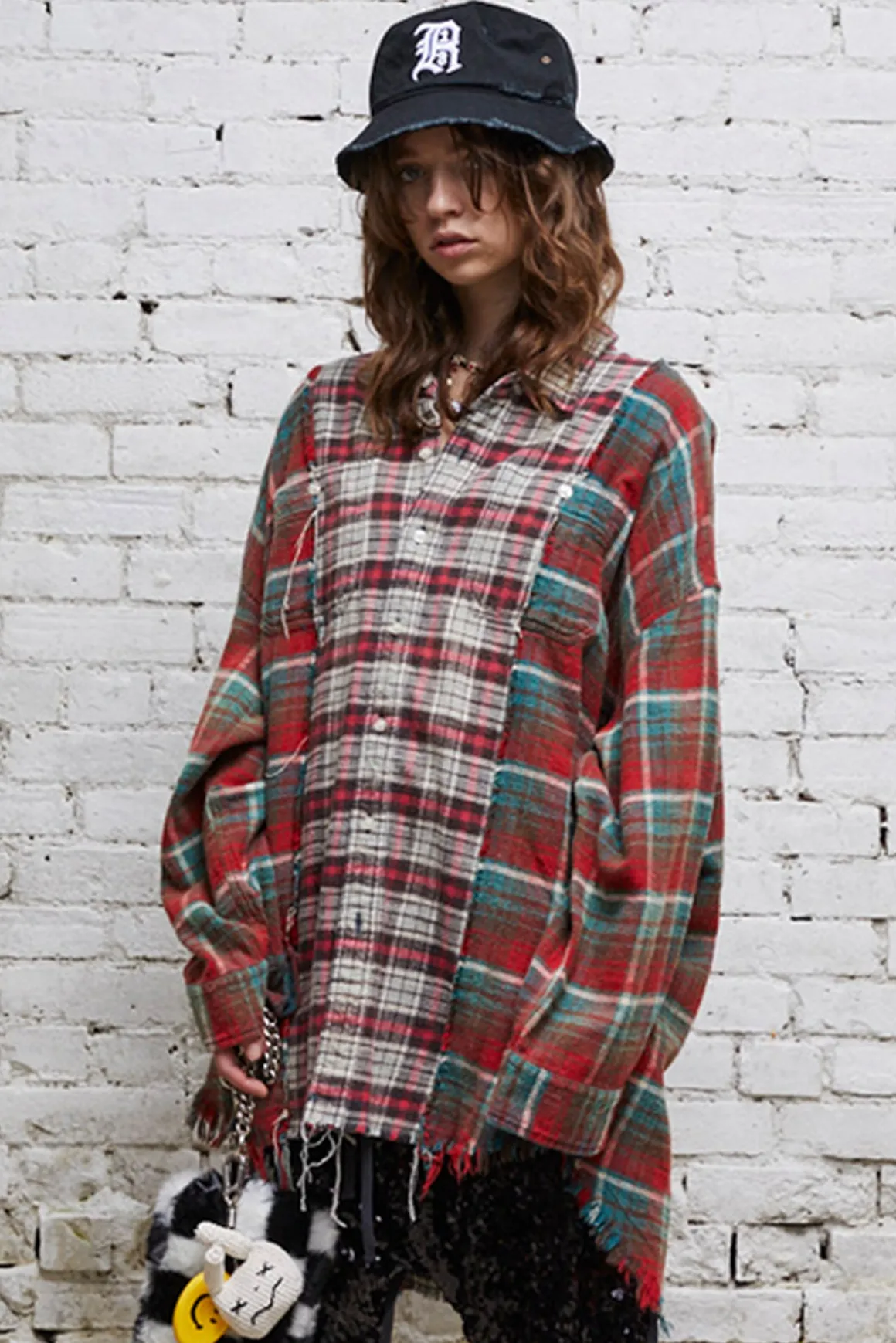 Women R13 Tops*DROP NECK COMBO WORK SHIRT - GREY AND BLUE PLAID