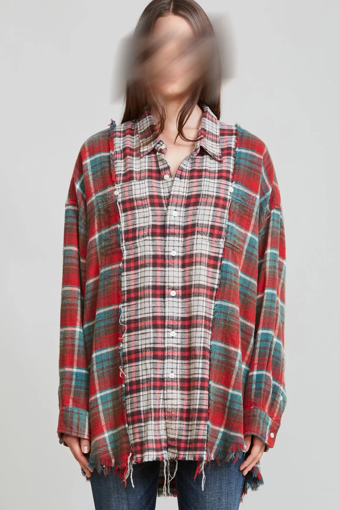 Women R13 Tops*DROP NECK COMBO WORK SHIRT - GREY AND BLUE PLAID