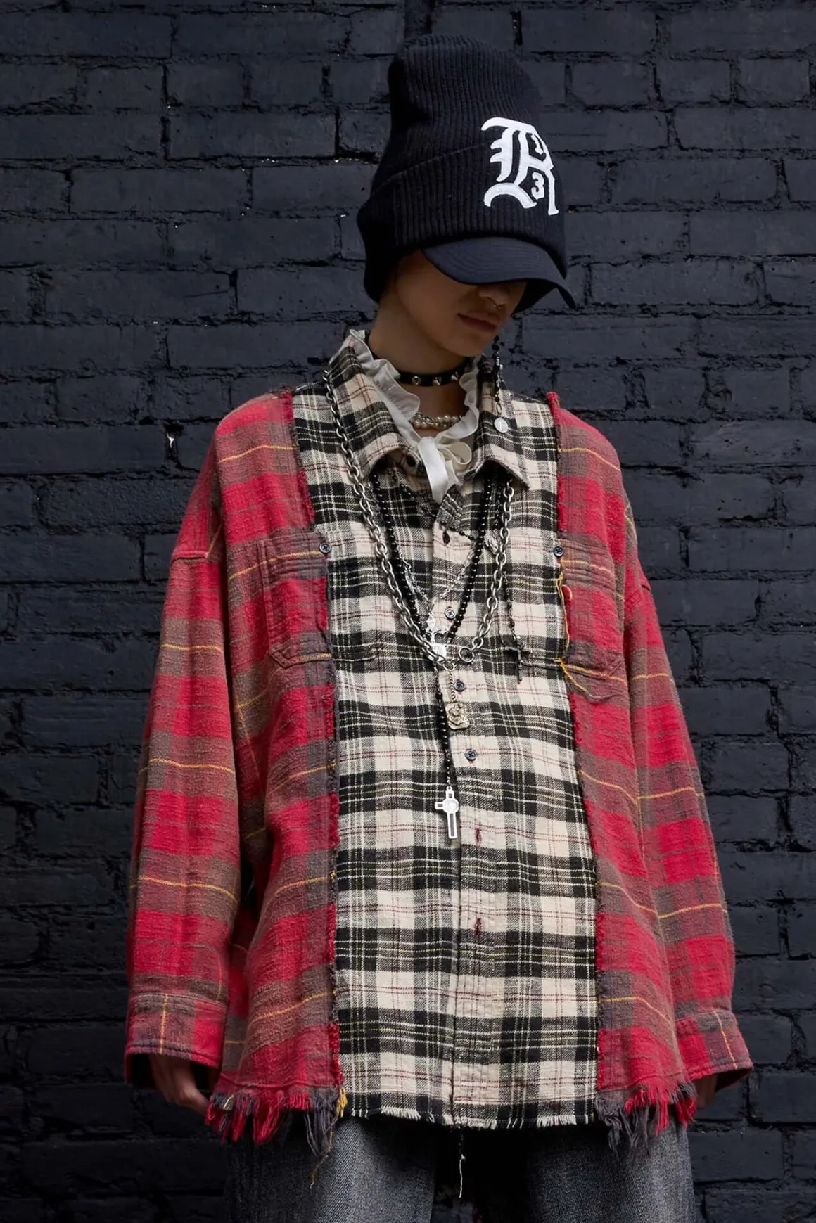 Women R13 Tops*DROP NECK COMBO WORKSHIRT - RED WITH BEIGE PLAID