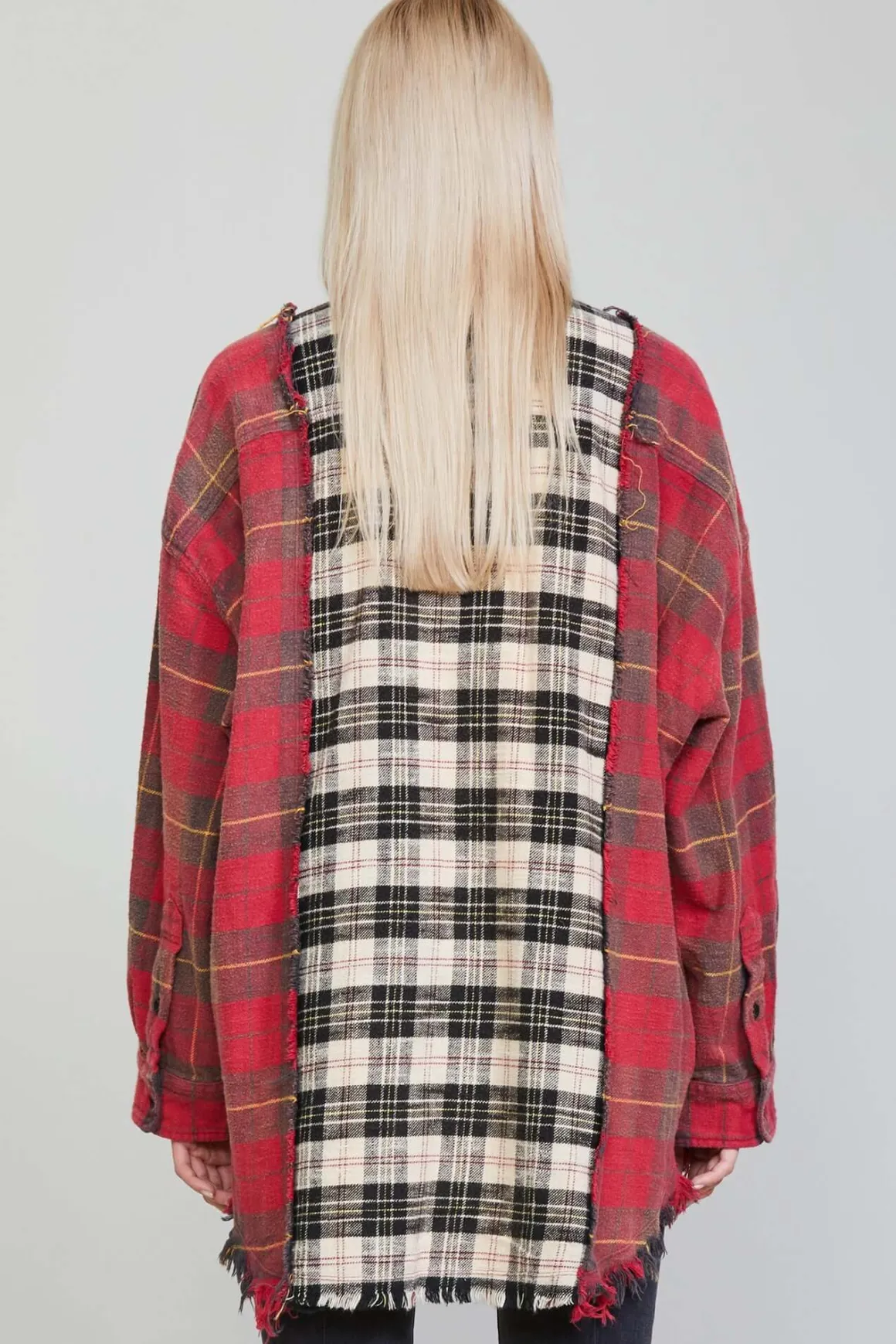 Women R13 Tops*DROP NECK COMBO WORKSHIRT - RED WITH BEIGE PLAID