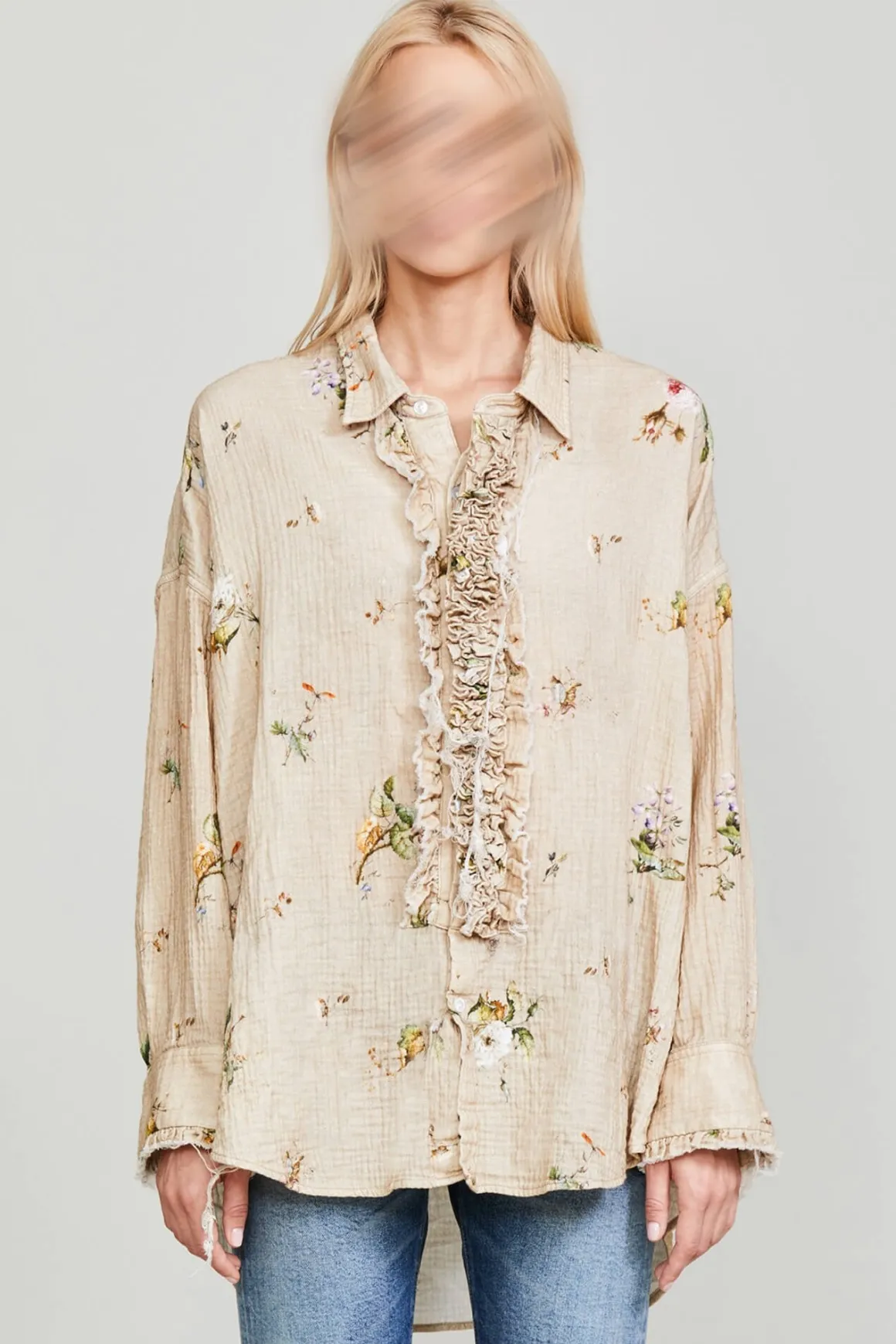 Women R13 Tops*DROP NECK TUXEDO SHIRT - FLORAL ON KHAKI