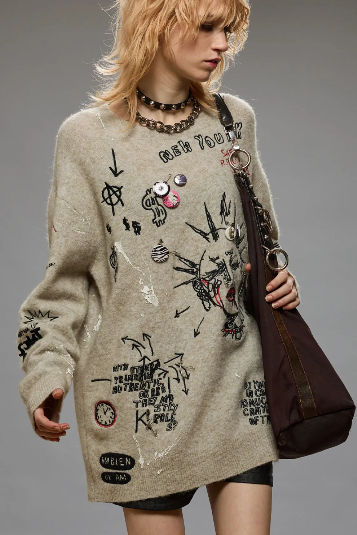 Women R13 Sweaters*EMBROIDERED BOYFRIEND SWEATER - OATMEAL