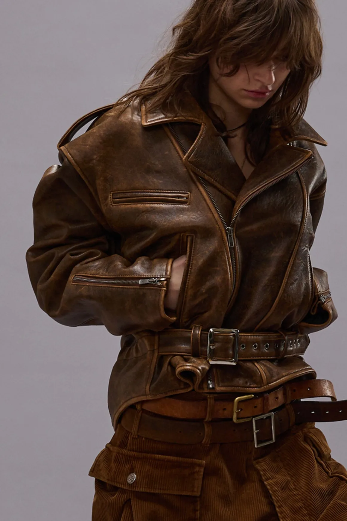 Women R13 Jackets & Coats*EXAGGERATED SHOULDER MOTORCYCLE JACKET - BROWN LEATHER