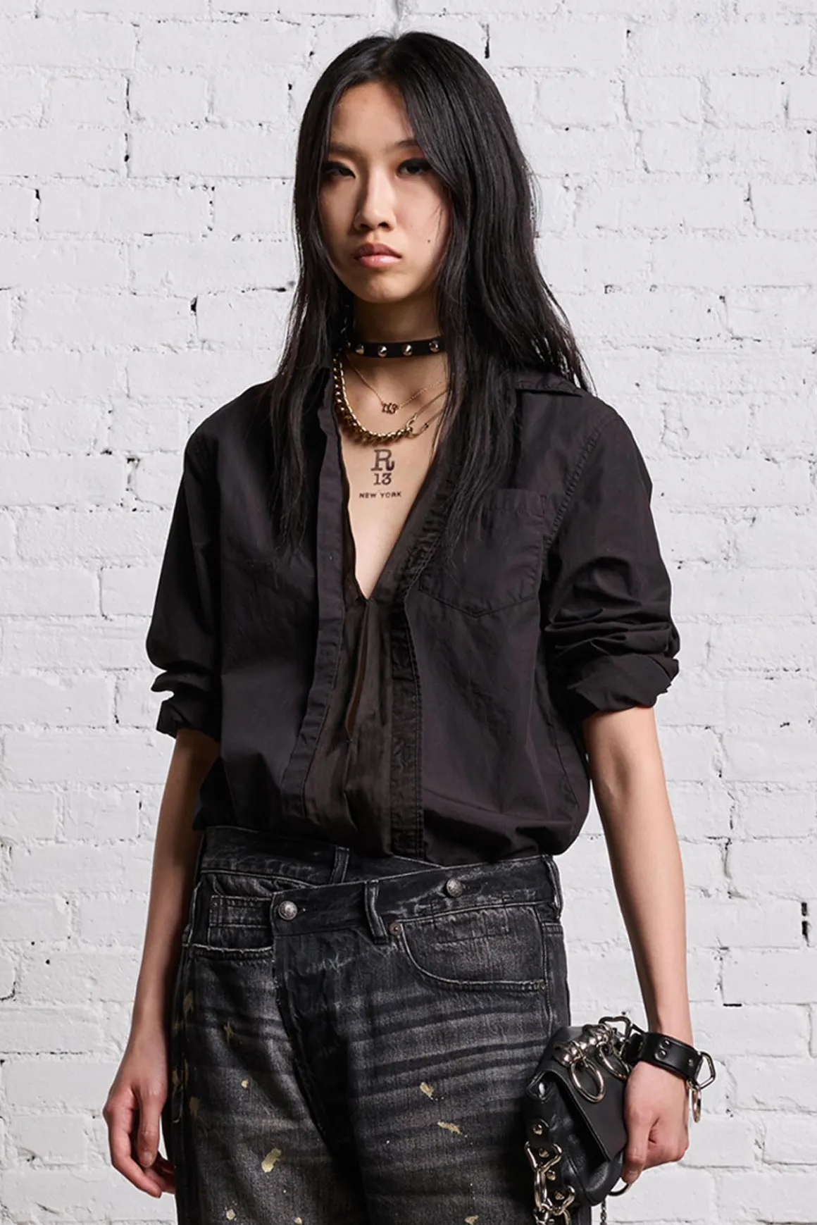 Women R13 Tops*FOLDOUT SHIRT - BLACK OVERDYE