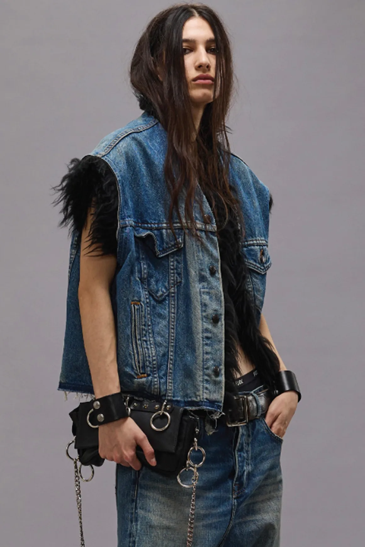 Women R13 Jackets & Coats*FUR TRIMMED TRUCKER VEST - STONE WASH BLUE