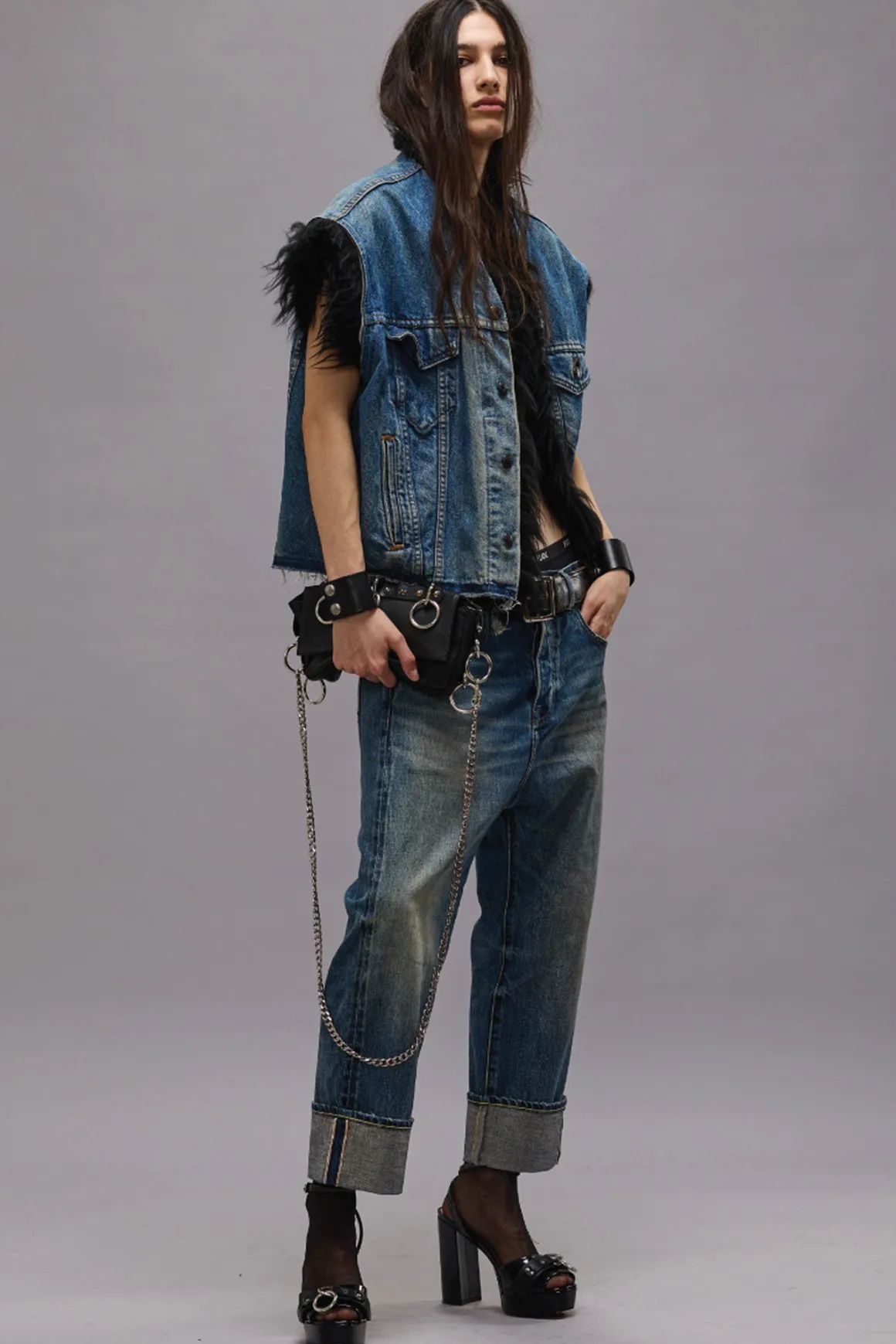 Women R13 Jackets & Coats*FUR TRIMMED TRUCKER VEST - STONE WASH BLUE