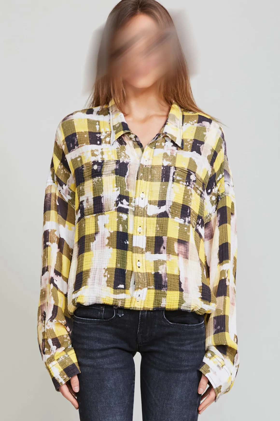 Women R13 Tops*GATHERED HEM WORK SHIRT - BLEACHED YELLOW PLAID