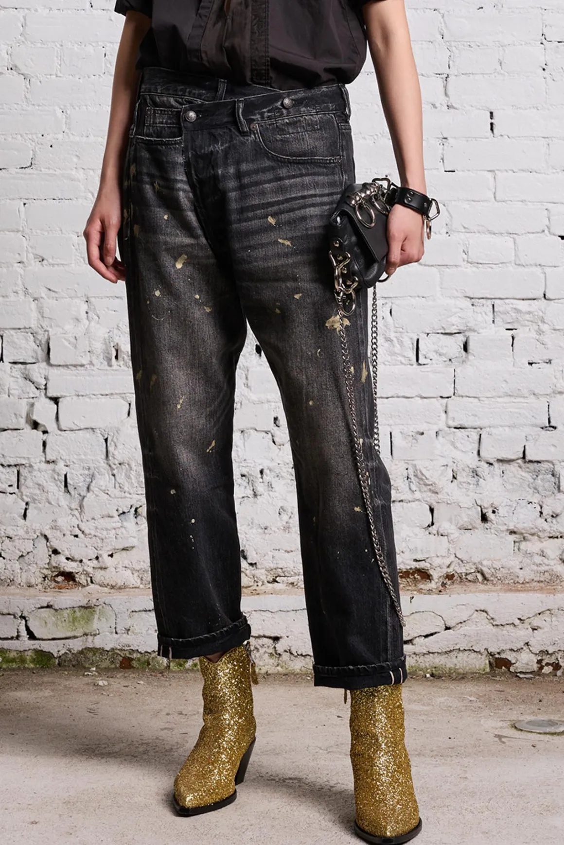 Women R13 Crossover*GOLD SPLATTER CROSSOVER JEAN - ETON SELVEDGE BLACK