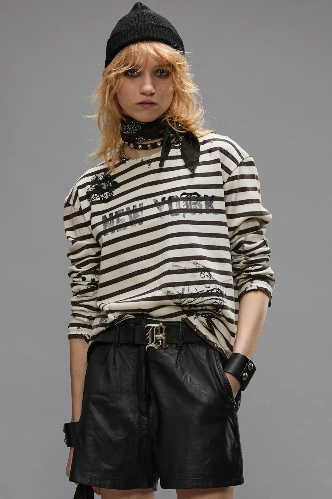 Women R13 T-shirts*LONG SLEEVE BRETON TEE - BLACK AND WHITE STRIPE