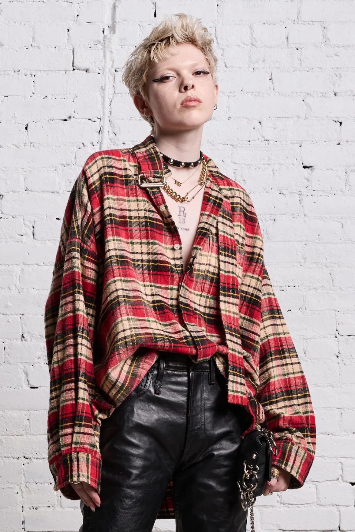 Women R13 Tops*OVERSIZED BELT COLLAR SHIRT - BLEACHED RED PLAID