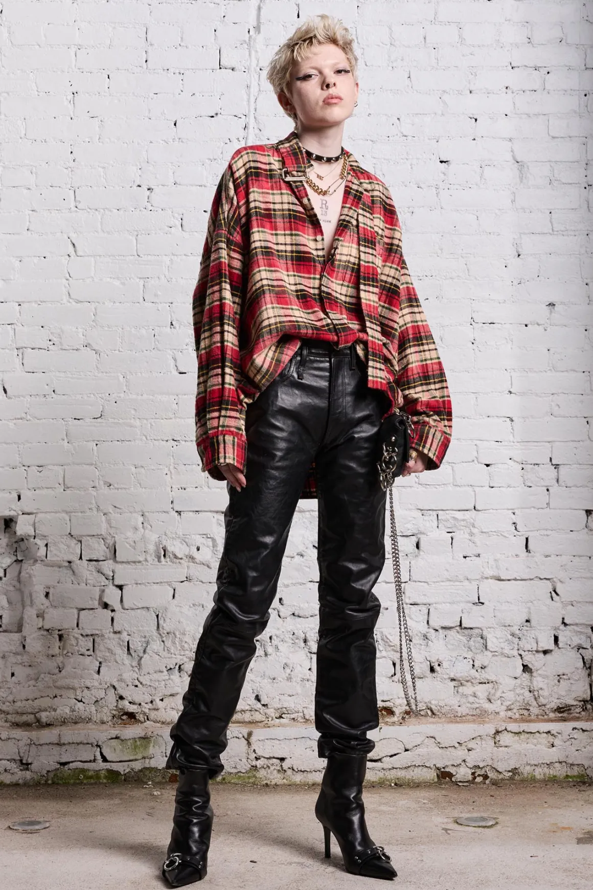 Women R13 Tops*OVERSIZED BELT COLLAR SHIRT - BLEACHED RED PLAID