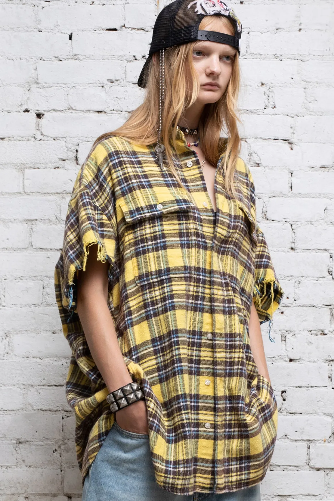 Women R13 Tops*OVERSIZED CUT-OFF SHIRT - YELLOW PLAID