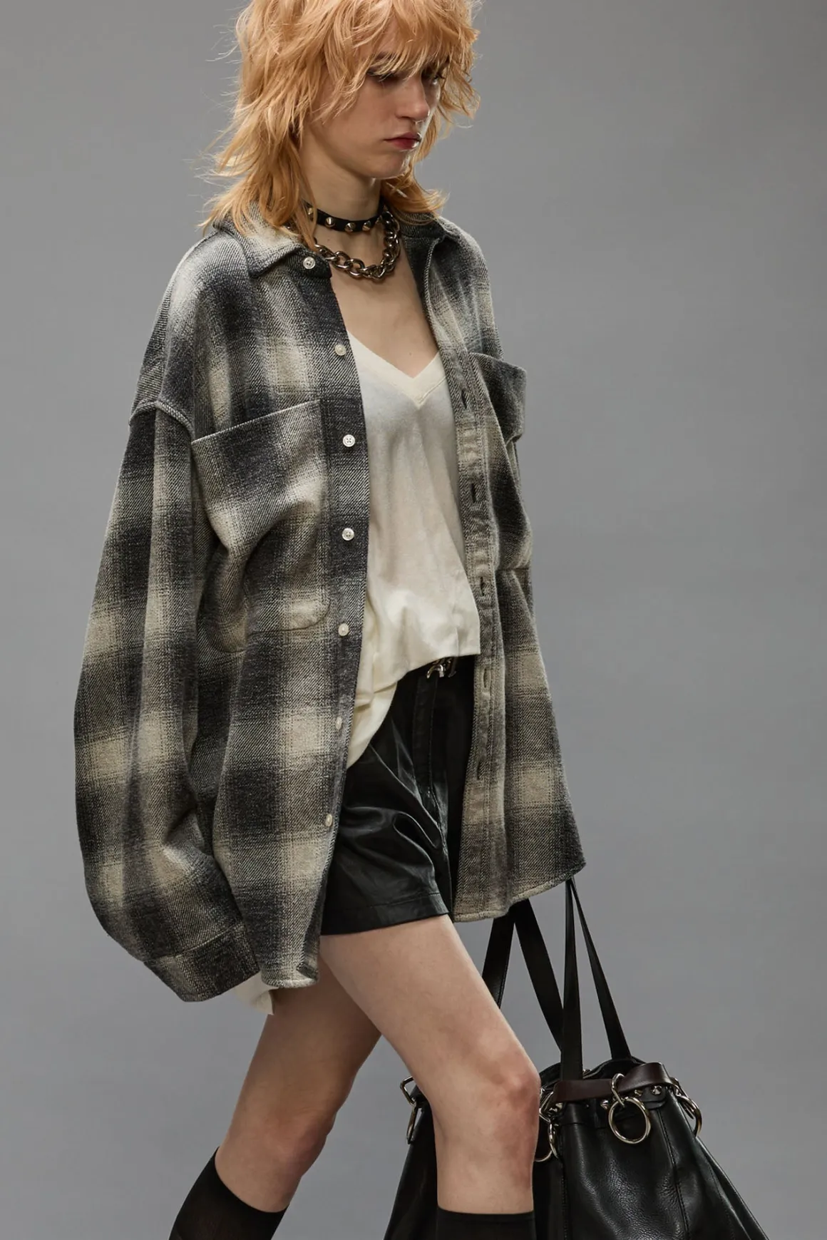 Women R13 Tops*OVERSIZED POCKET DROP NECK - GREY OMBRE PLAID