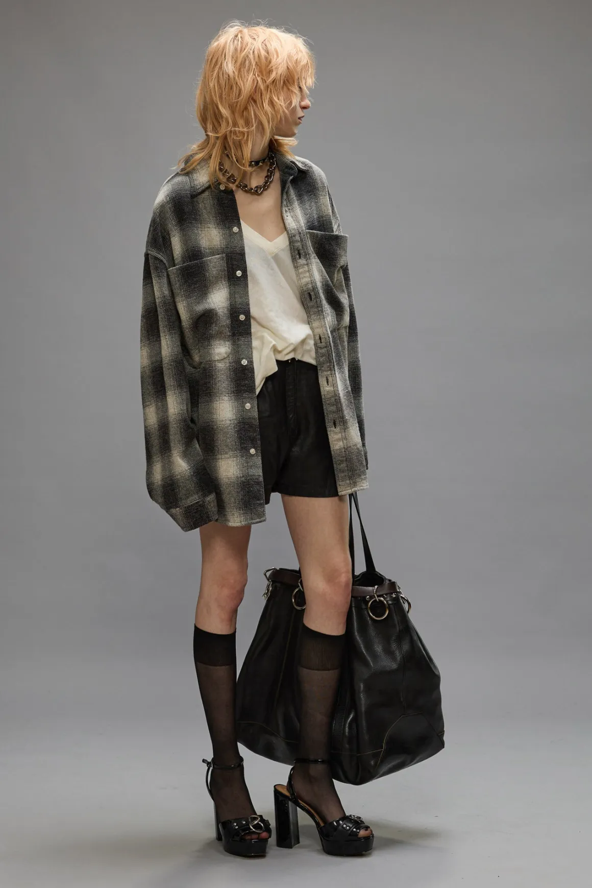 Women R13 Tops*OVERSIZED POCKET DROP NECK - GREY OMBRE PLAID