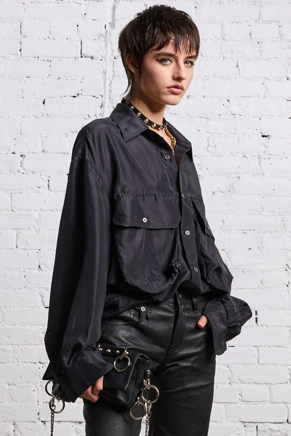 Women R13 Tops*OVERSIZED POCKET SHIRT - BLACK OVERDYE