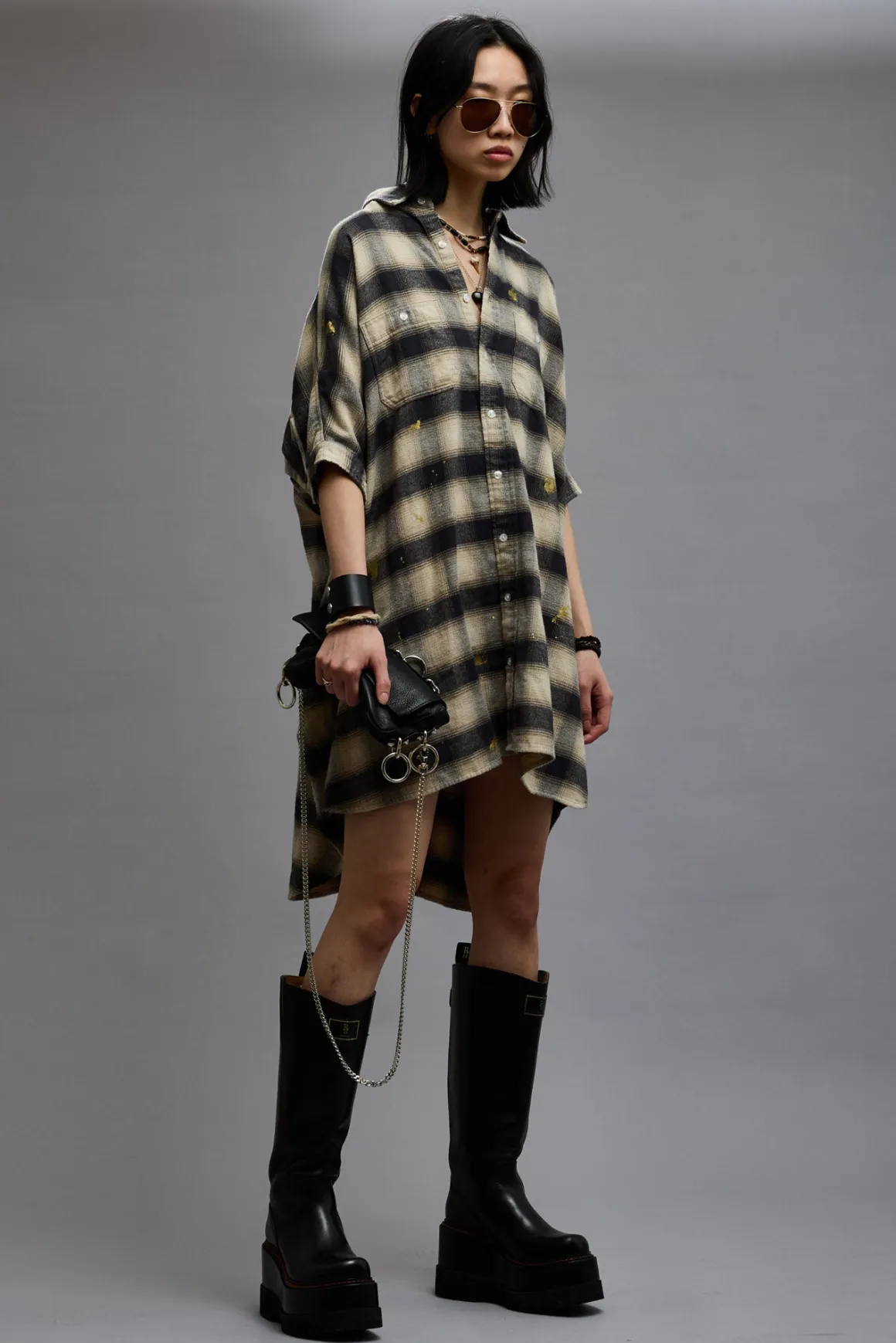 Women R13 Tops*OVERSIZED RELAXED SHIRTDRESS - SPLATTERED ECRU PLAID