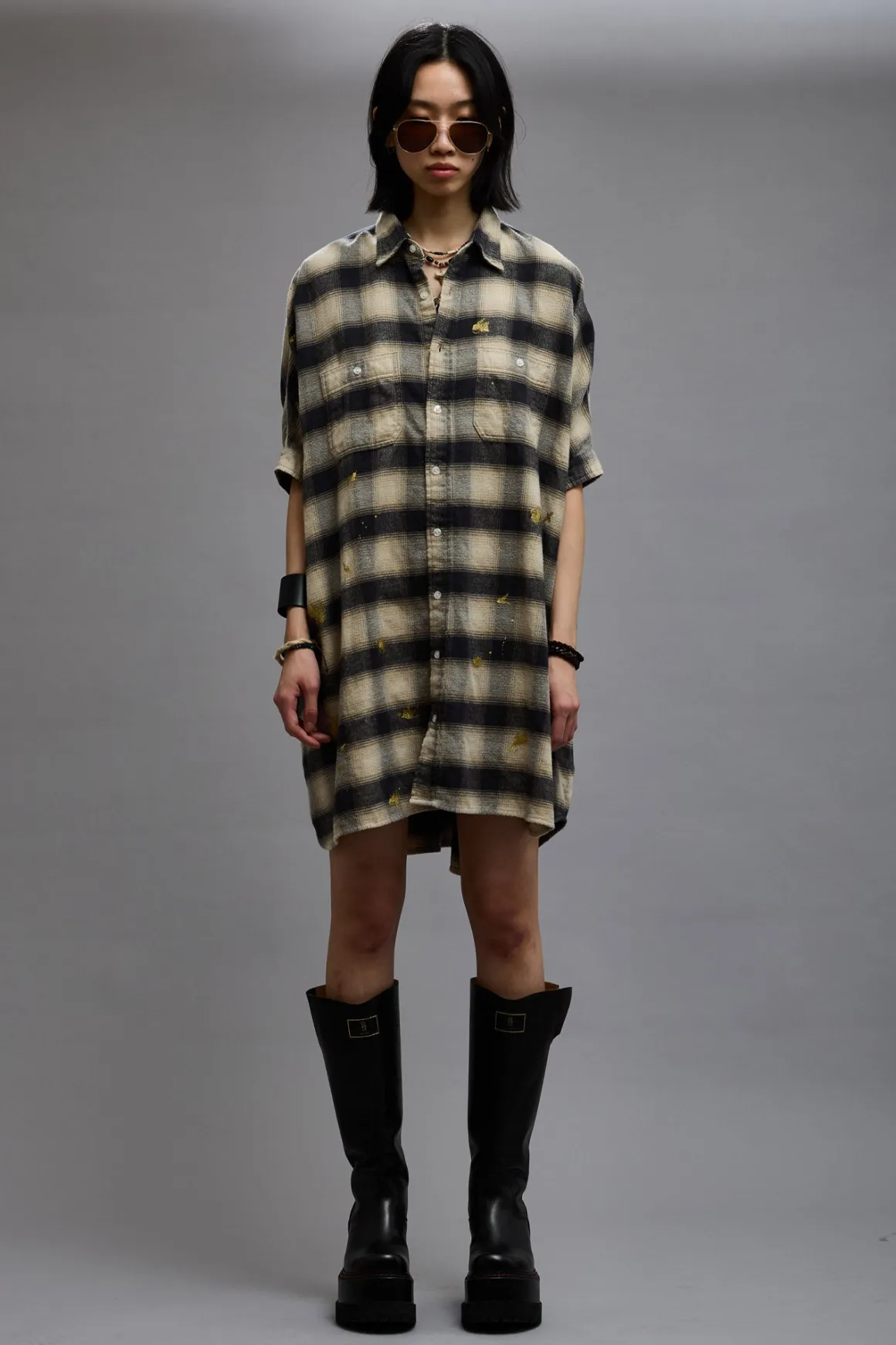 Women R13 Tops*OVERSIZED RELAXED SHIRTDRESS - SPLATTERED ECRU PLAID