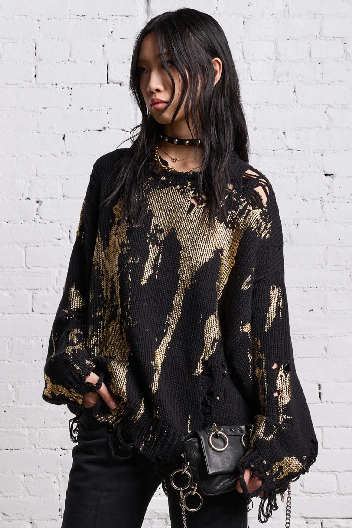 Women R13 Sweaters*OVERSIZED SWEATER - GOLD SPLATTERED BLACK