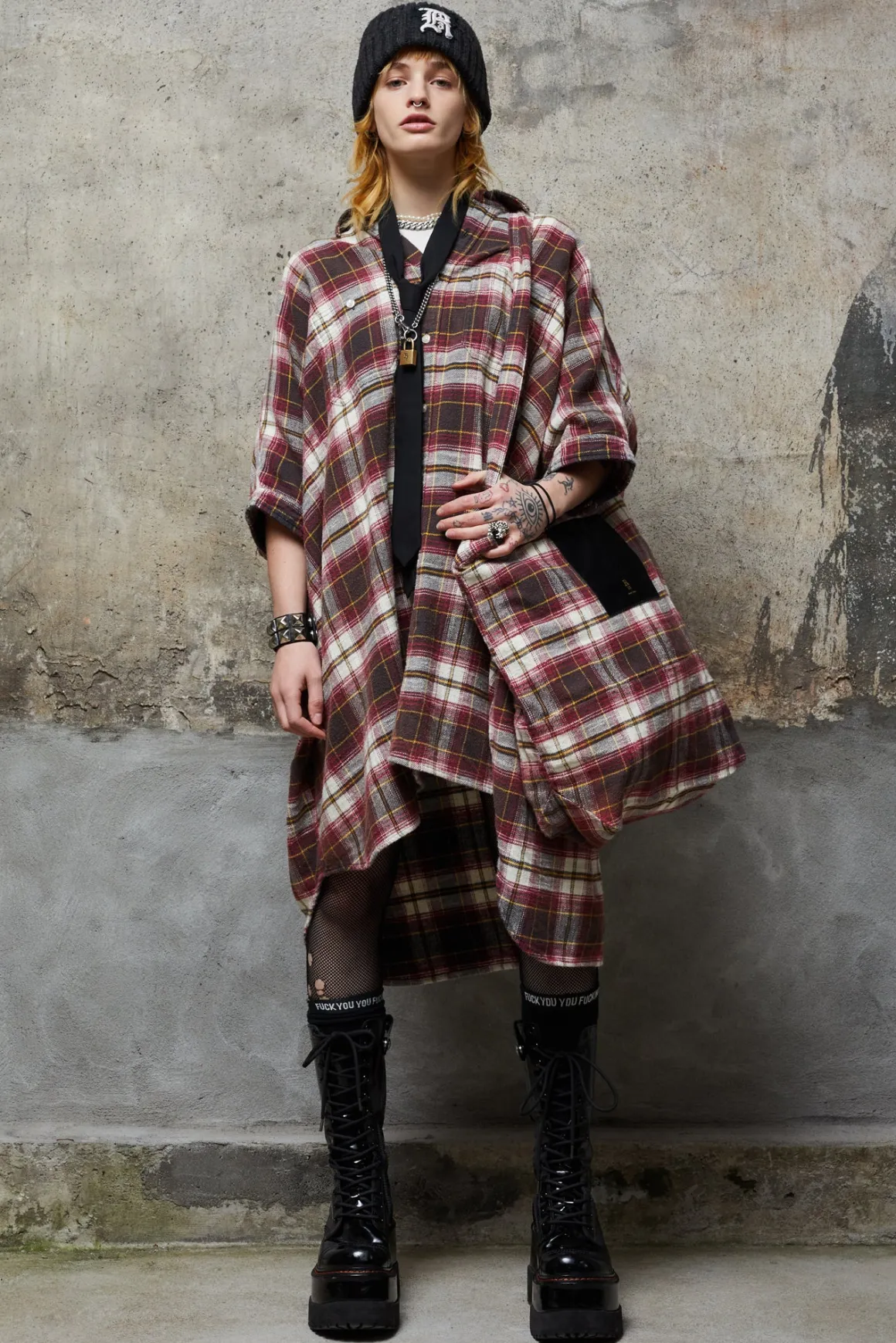 Women R13 Dresses & Skirts*PLAID OVERSIZED BOXY SHIRTDRESS - ECRU/MAROON PLAID