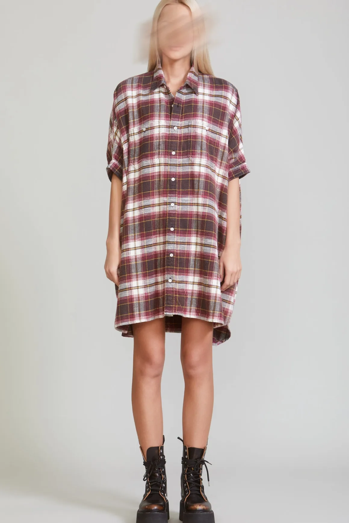 Women R13 Dresses & Skirts*PLAID OVERSIZED BOXY SHIRTDRESS - ECRU/MAROON PLAID