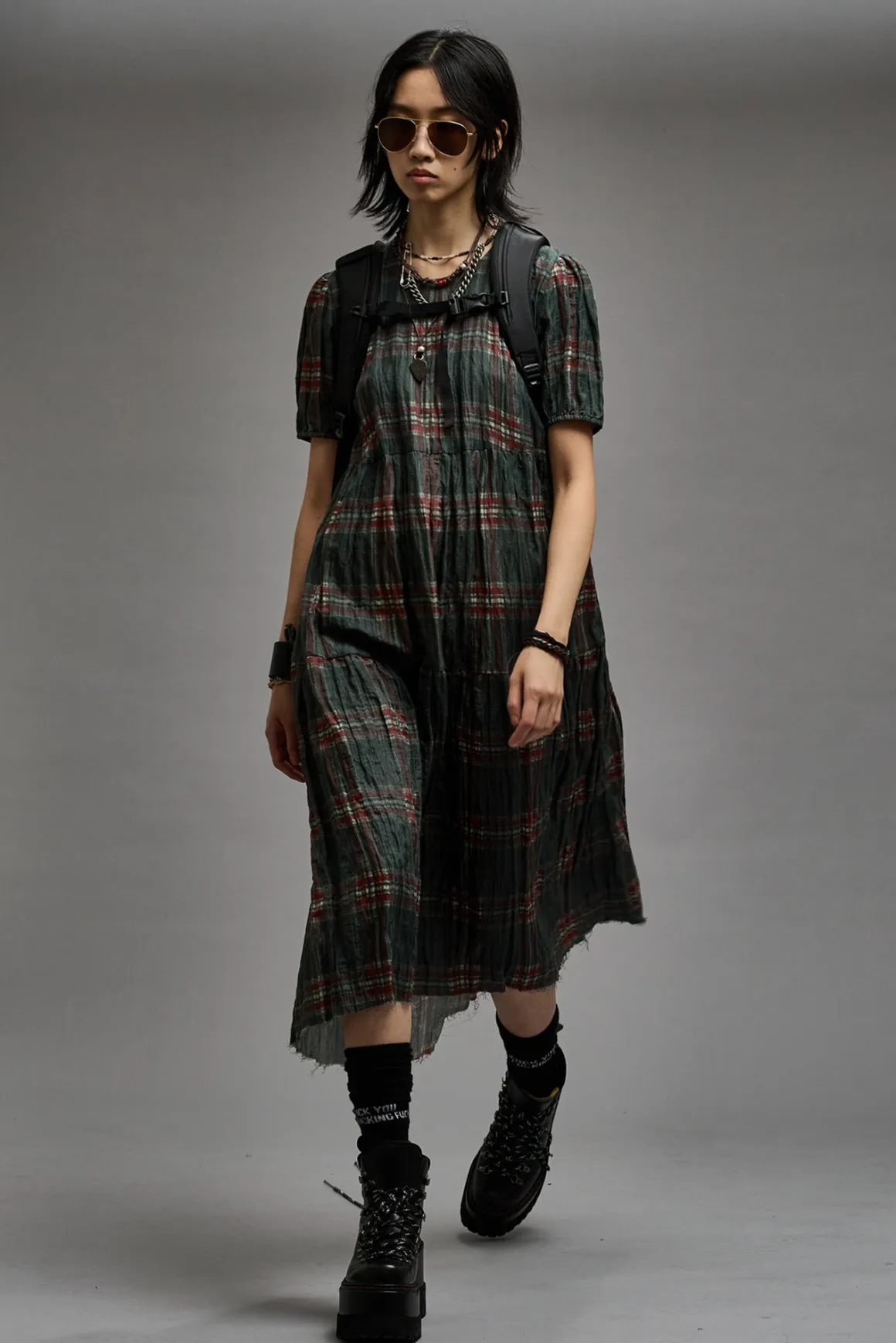 Women R13 Dresses & Skirts*RELAXED MIDI - MARSH GREEN PLAID