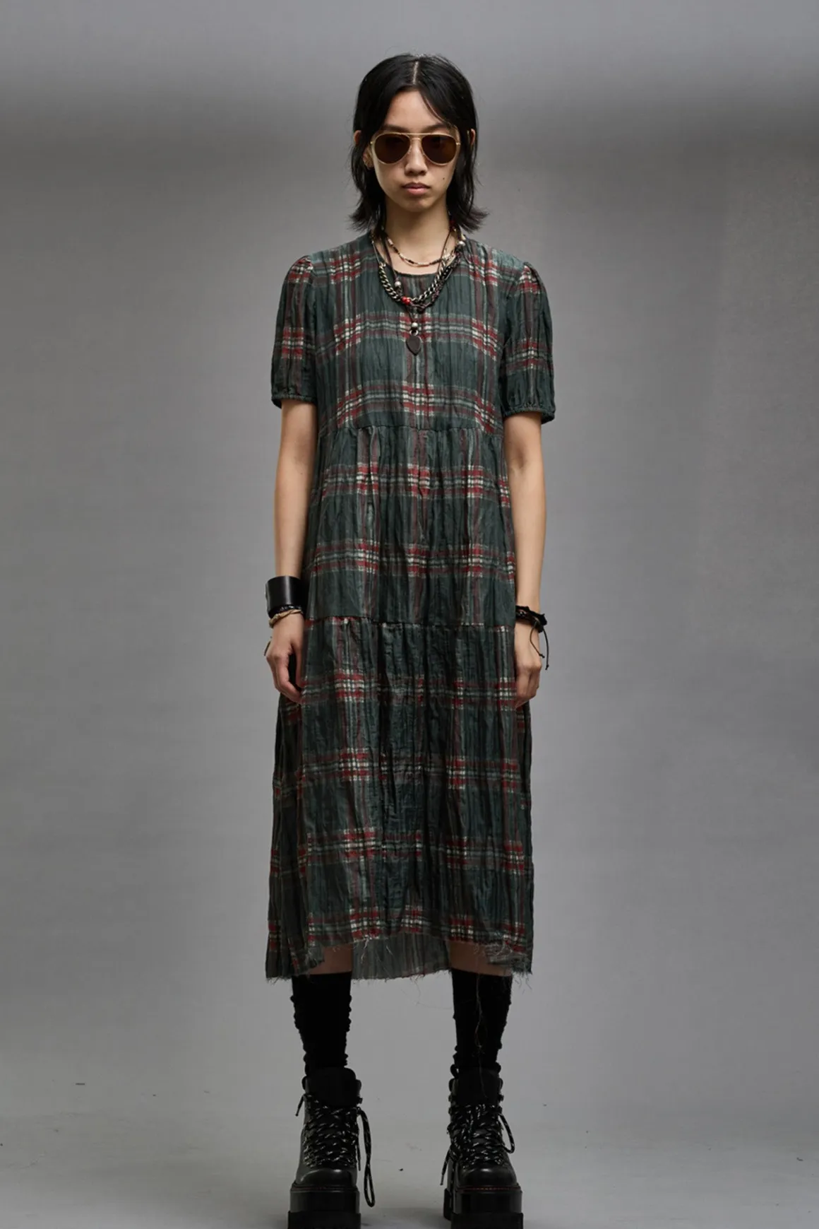 Women R13 Dresses & Skirts*RELAXED MIDI - MARSH GREEN PLAID