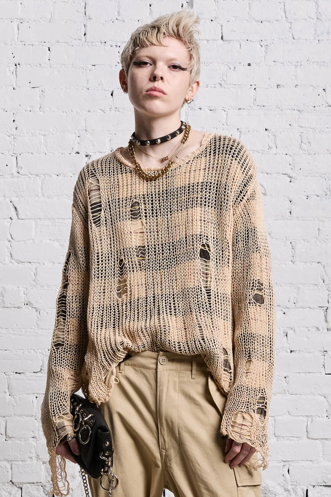 Women R13 Sweaters*RELAXED OVERLAY CREWNECK - CREAM AND BLACK PLAID