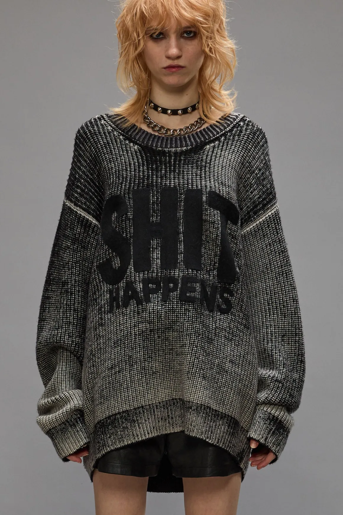 Women R13 Sweaters*SHIT HAPPENS BOYFRIEND SWEATER - DISTRESSED BLACK