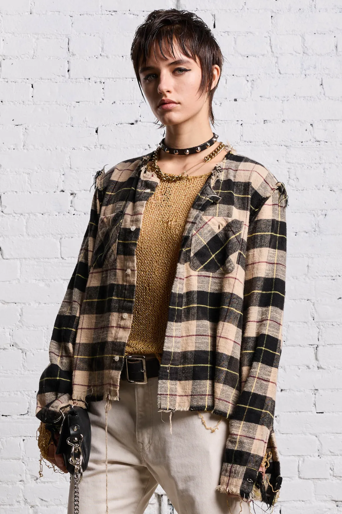 Women R13 Tops*SHREDDED CREWNECK SHIRT - BLEACHED BEIGE PLAID