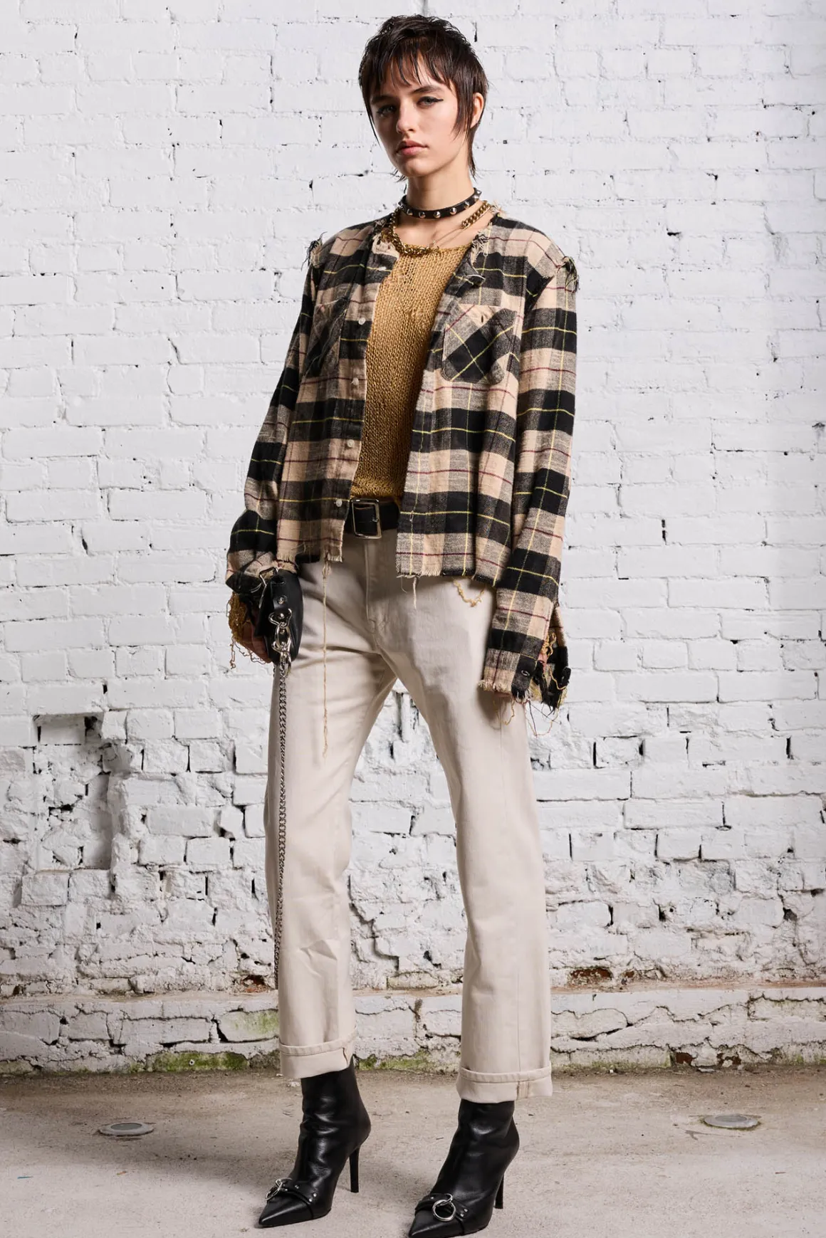 Women R13 Tops*SHREDDED CREWNECK SHIRT - BLEACHED BEIGE PLAID