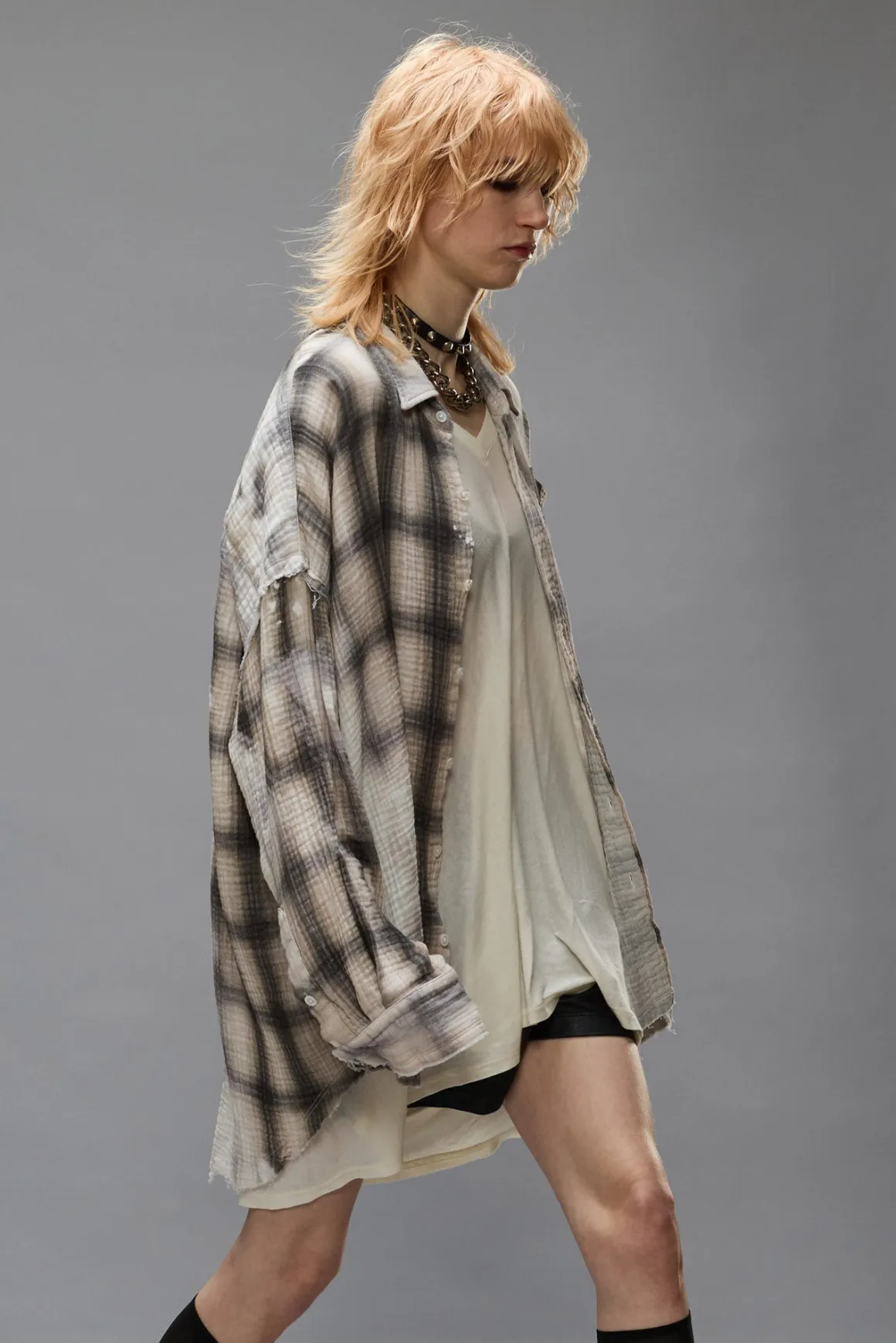 Women R13 Tops*SHREDDED SEAM DROP NECK - PRINTED GREY PLAID