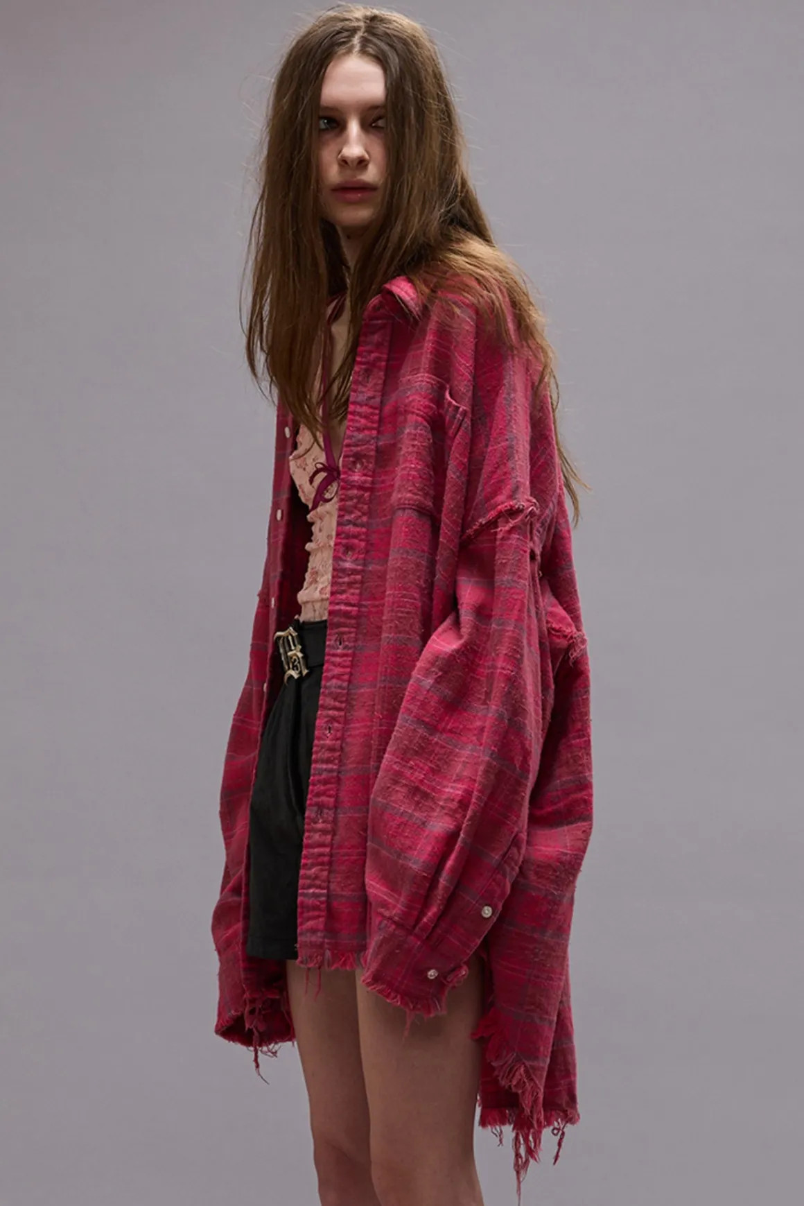 Women R13 Tops*SHREDDED SEAM DROP NECK SHIRT - RASPBERRY OVERDYED PLAID