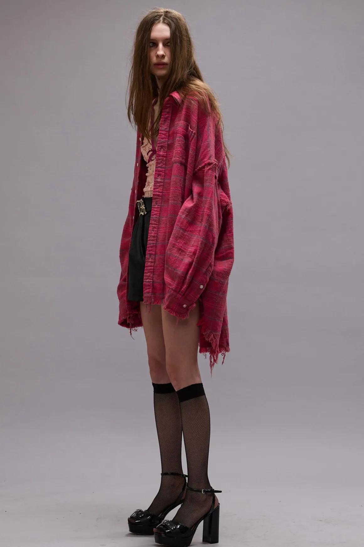 Women R13 Tops*SHREDDED SEAM DROP NECK SHIRT - RASPBERRY OVERDYED PLAID