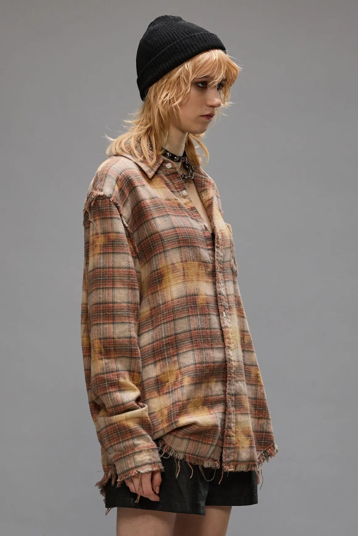 Women R13 Tops*SHREDDED SEAM SHIRT - BLEACHED ORANGE PLAID