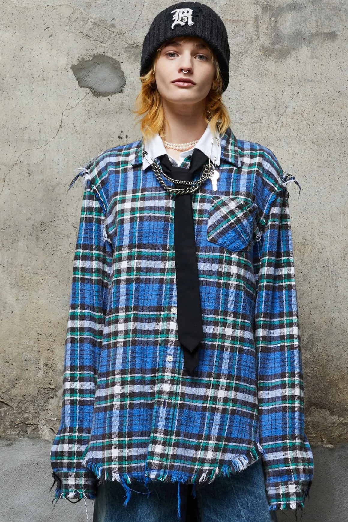 Women R13 Tops*SHREDDED SEAM SHIRT - BLUE/GREEN PLAID