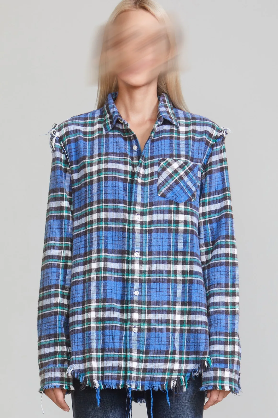 Women R13 Tops*SHREDDED SEAM SHIRT - BLUE/GREEN PLAID