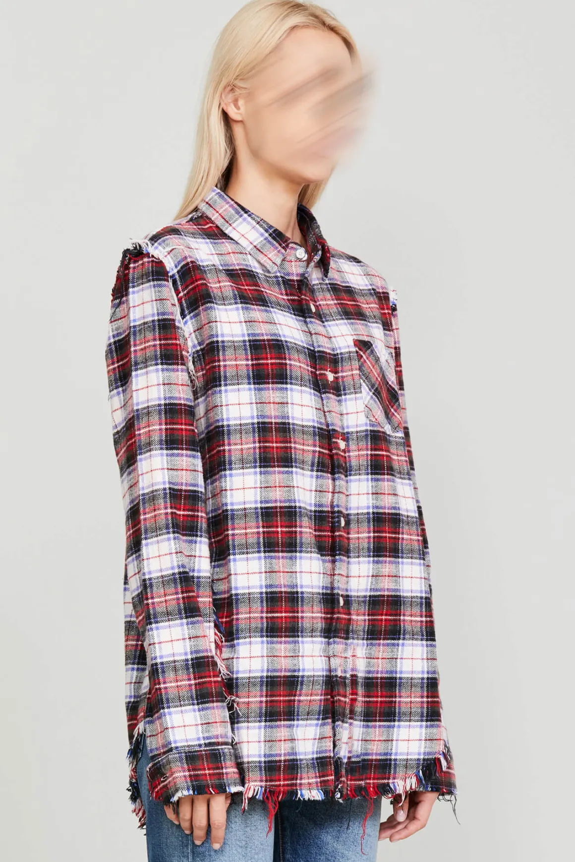 Women R13 Tops*SHREDDED SEAM SHIRT - ECRU PLAID