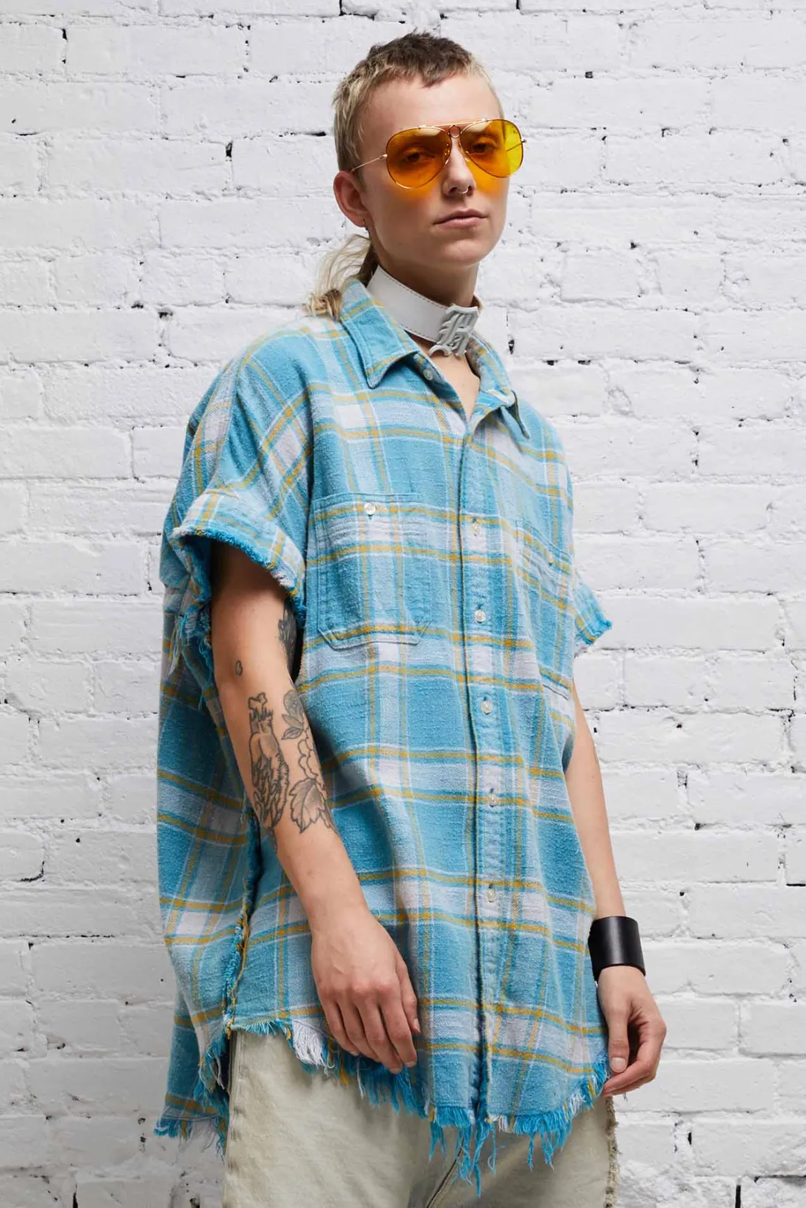 Women R13 Tops*SLEEVELESS BOXY BUTTON-UP - LIGHT BLUE PLAID