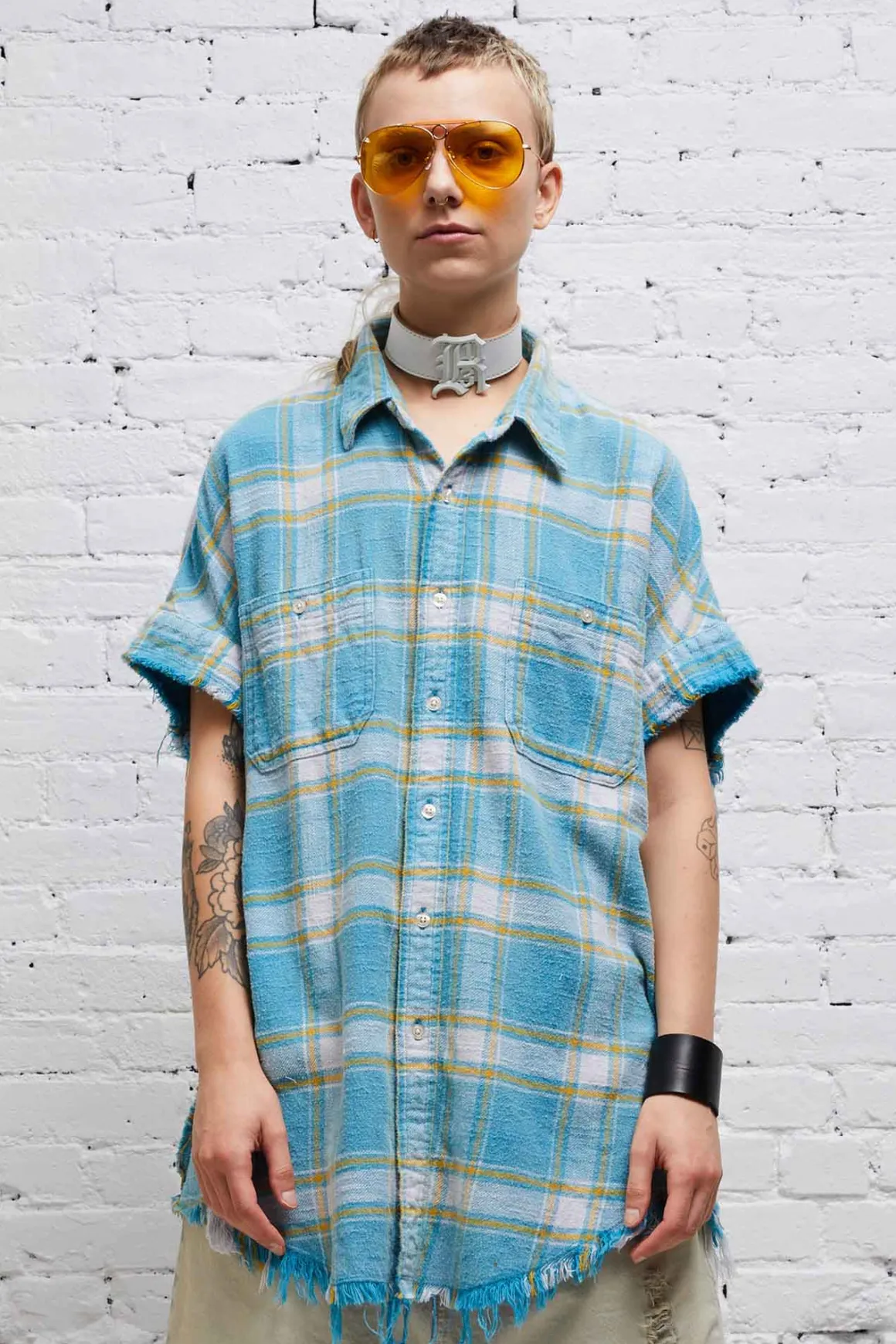 Women R13 Tops*SLEEVELESS BOXY BUTTON-UP - LIGHT BLUE PLAID